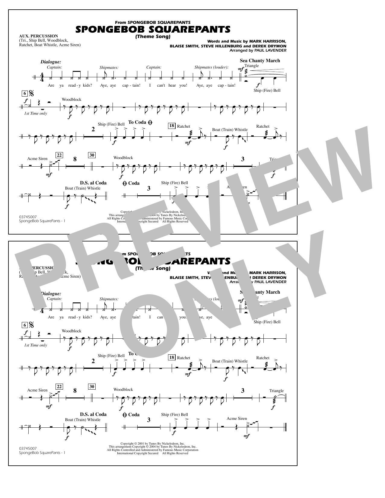 Download Steve Hillenburg Spongebob Squarepants (Theme Song) (arr. Paul Lavender) - Aux Percussion Sheet Music and learn how to play Marching Band PDF digital score in minutes