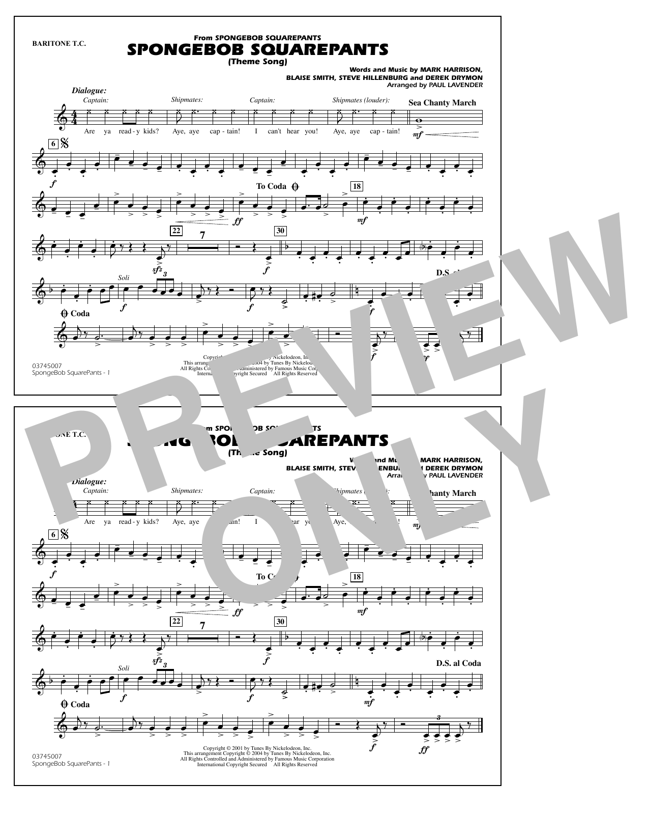 Download Steve Hillenburg Spongebob Squarepants (Theme Song) (arr. Paul Lavender) - Baritone T.C. Sheet Music and learn how to play Marching Band PDF digital score in minutes