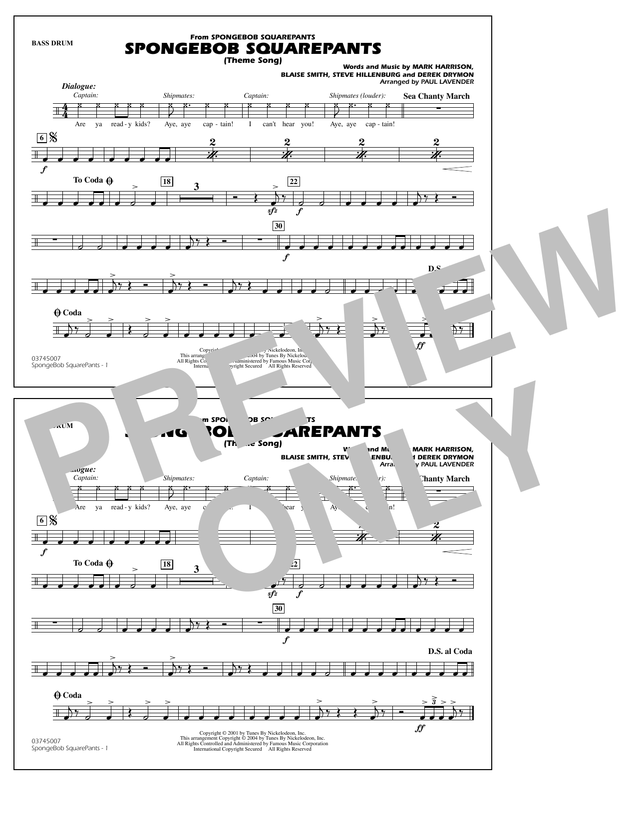 Download Steve Hillenburg Spongebob Squarepants (Theme Song) (arr. Paul Lavender) - Bass Drum Sheet Music and learn how to play Marching Band PDF digital score in minutes