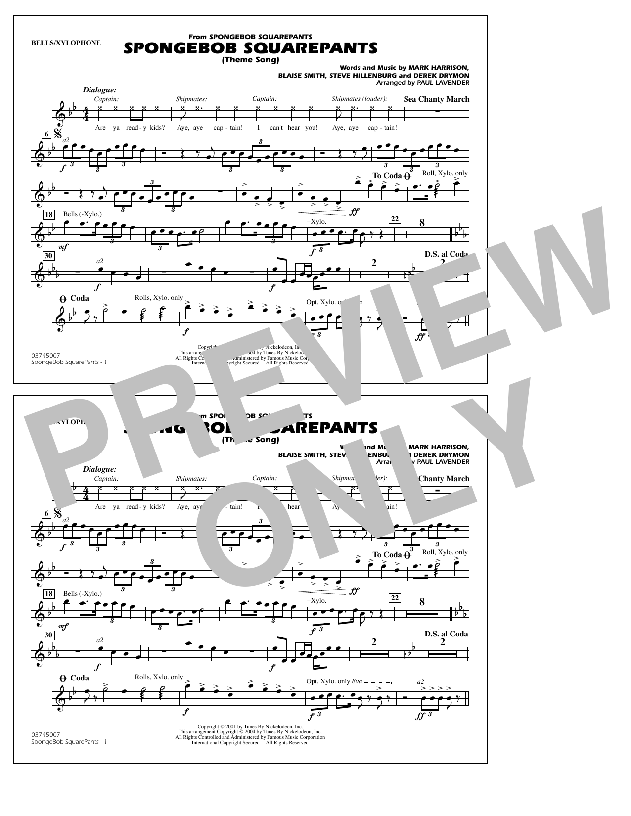 Download Steve Hillenburg Spongebob Squarepants (Theme Song) (arr. Paul Lavender) - Bells/Xylophone Sheet Music and learn how to play Marching Band PDF digital score in minutes