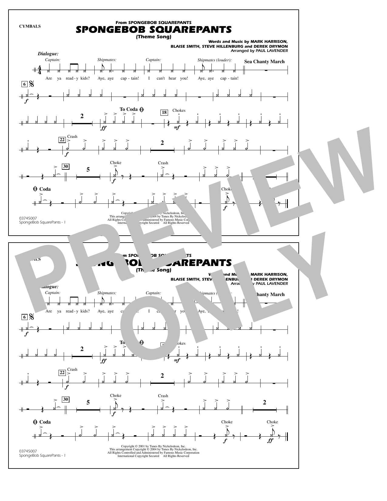 Download Steve Hillenburg Spongebob Squarepants (Theme Song) (arr. Paul Lavender) - Cymbals Sheet Music and learn how to play Marching Band PDF digital score in minutes