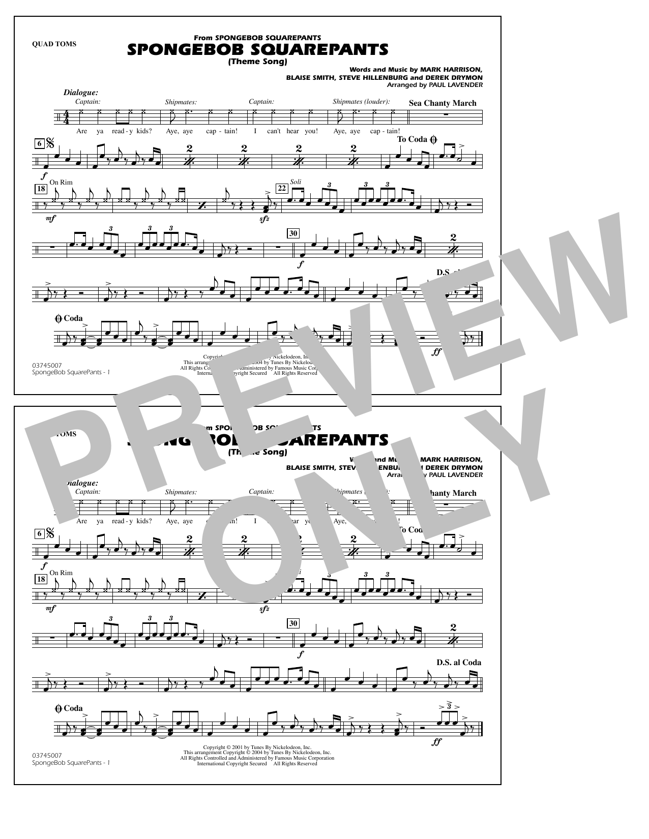 Download Steve Hillenburg Spongebob Squarepants (Theme Song) (arr. Paul Lavender) - Quad Toms Sheet Music and learn how to play Marching Band PDF digital score in minutes