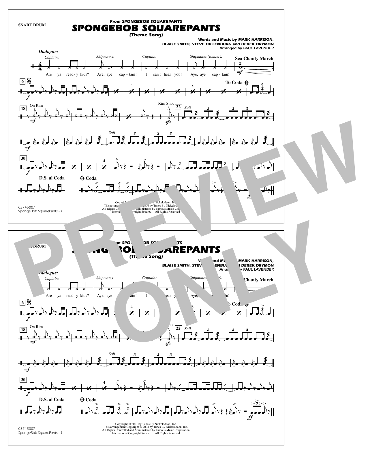 Download Steve Hillenburg Spongebob Squarepants (Theme Song) (arr. Paul Lavender) - Snare Drum Sheet Music and learn how to play Marching Band PDF digital score in minutes