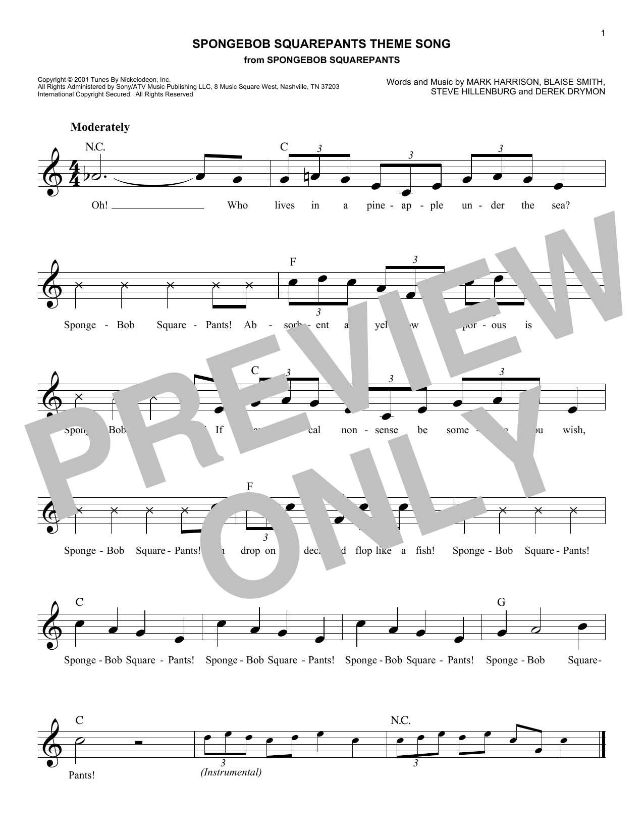 Download Steve Hillenburg SpongeBob SquarePants Theme Song Sheet Music and learn how to play 5-Finger Piano PDF digital score in minutes