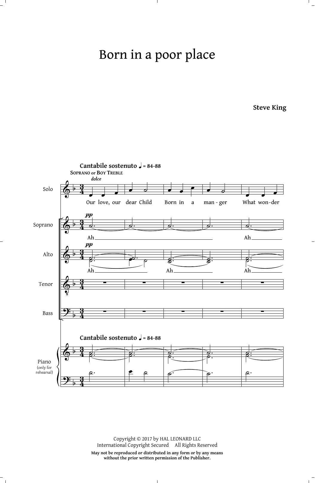 Download Steve King Born In A Poor Place Sheet Music and learn how to play SATB PDF digital score in minutes