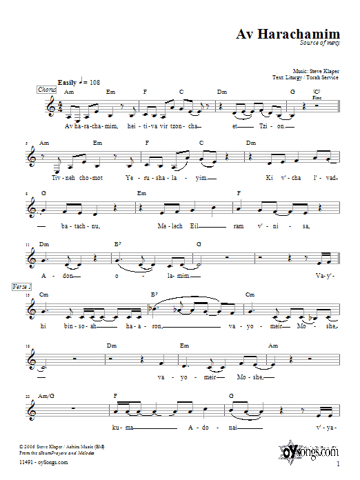 Download Steve Klaper Av Harachamim Sheet Music and learn how to play Melody Line, Lyrics & Chords PDF digital score in minutes