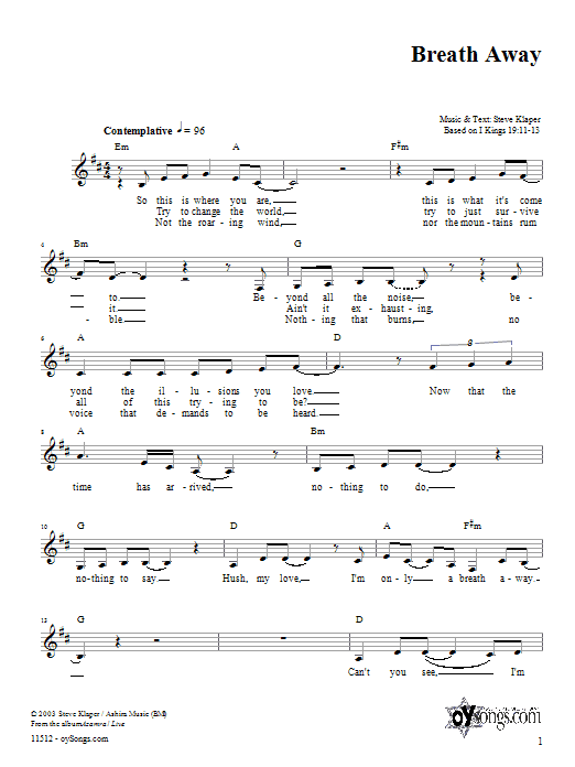Download Steve Klaper Breath Away Sheet Music and learn how to play Melody Line, Lyrics & Chords PDF digital score in minutes