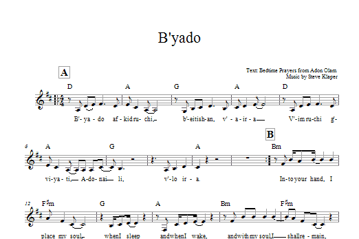 Download Steve Klaper B'yado Sheet Music and learn how to play Melody Line, Lyrics & Chords PDF digital score in minutes
