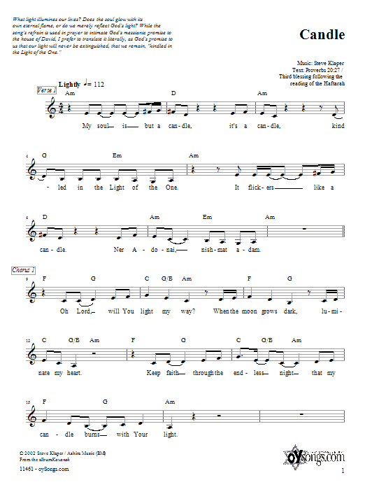 Download Steve Klaper Candle Sheet Music and learn how to play Melody Line, Lyrics & Chords PDF digital score in minutes