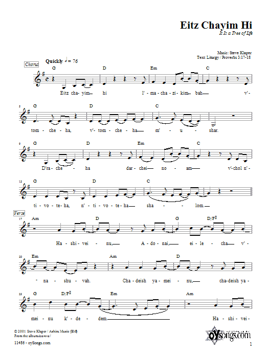 Download Steve Klaper Eitz Chayim Hi Sheet Music and learn how to play Melody Line, Lyrics & Chords PDF digital score in minutes