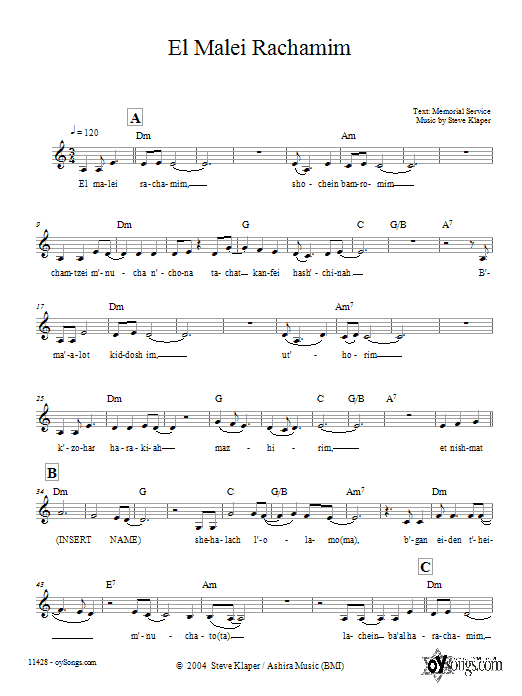 Download Steve Klaper El Malei Rachamim Sheet Music and learn how to play Melody Line, Lyrics & Chords PDF digital score in minutes