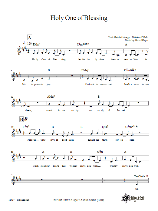 Download Steve Klaper Holy One of Blessing Sheet Music and learn how to play Melody Line, Lyrics & Chords PDF digital score in minutes