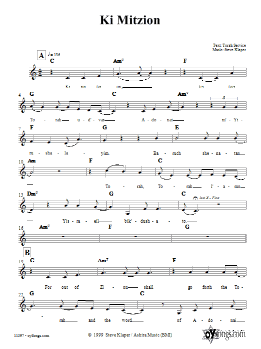 Download Steve Klaper Ki Mitzion Sheet Music and learn how to play Melody Line, Lyrics & Chords PDF digital score in minutes