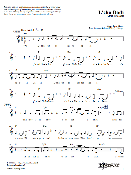 Download Steve Klaper L'cha Dodi Sheet Music and learn how to play Melody Line, Lyrics & Chords PDF digital score in minutes