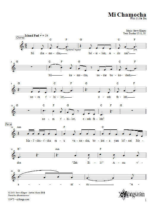 Download Steve Klaper Mi Chamocha Sheet Music and learn how to play Melody Line, Lyrics & Chords PDF digital score in minutes