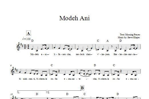 Download Steve Klaper Modeh Ani Sheet Music and learn how to play Melody Line, Lyrics & Chords PDF digital score in minutes