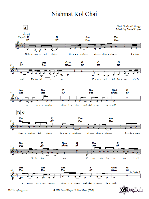 Download Steve Klaper Nishmat Kol Chai Sheet Music and learn how to play Melody Line, Lyrics & Chords PDF digital score in minutes
