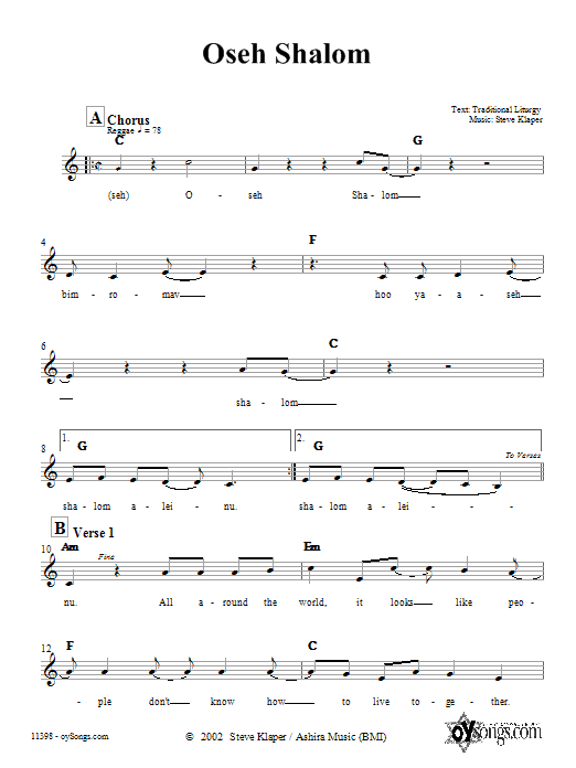 Download Steve Klaper Oseh Shalom Sheet Music and learn how to play Melody Line, Lyrics & Chords PDF digital score in minutes