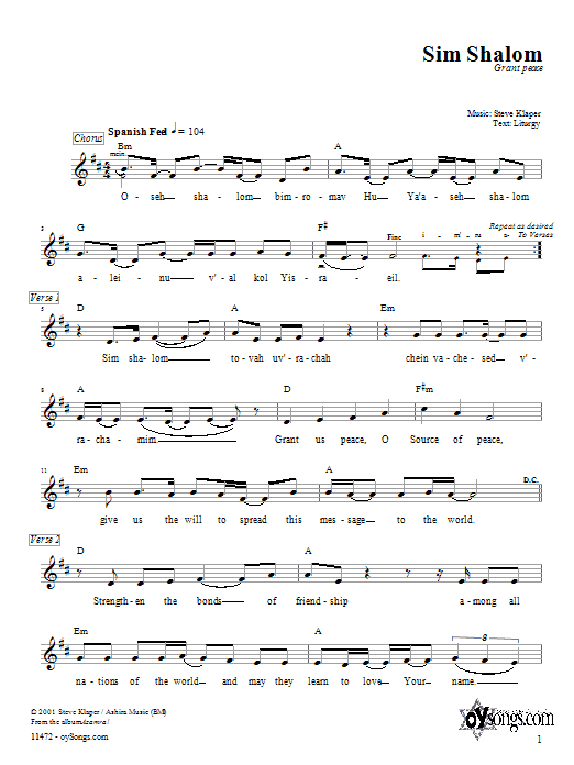 Download Steve Klaper Sim Shalom Sheet Music and learn how to play Melody Line, Lyrics & Chords PDF digital score in minutes