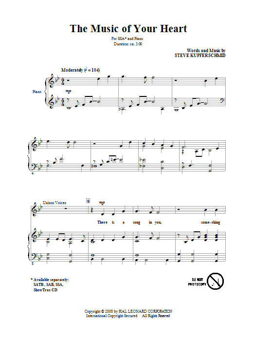 Download Steve Kupferschmid The Music Of Your Heart Sheet Music and learn how to play SSA PDF digital score in minutes
