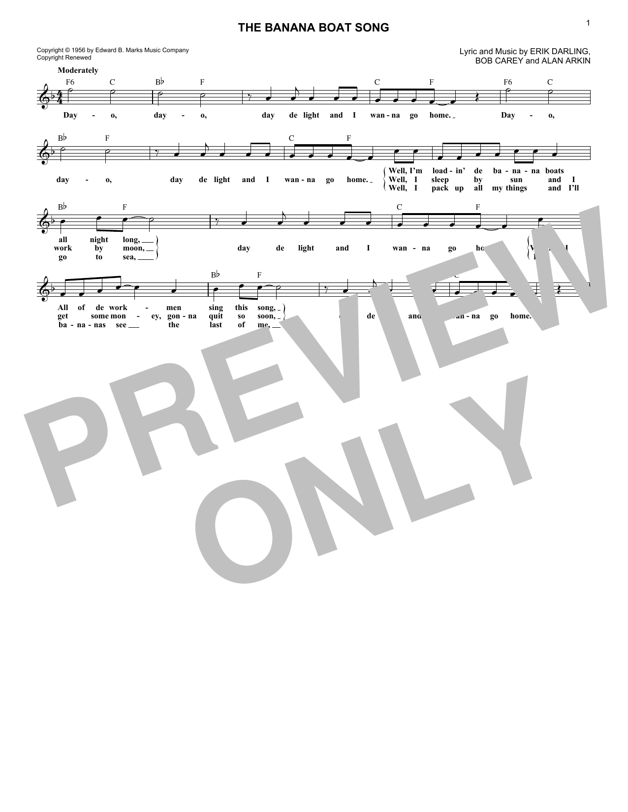 Download Steve Lawrence The Banana Boat Song Sheet Music and learn how to play Melody Line, Lyrics & Chords PDF digital score in minutes