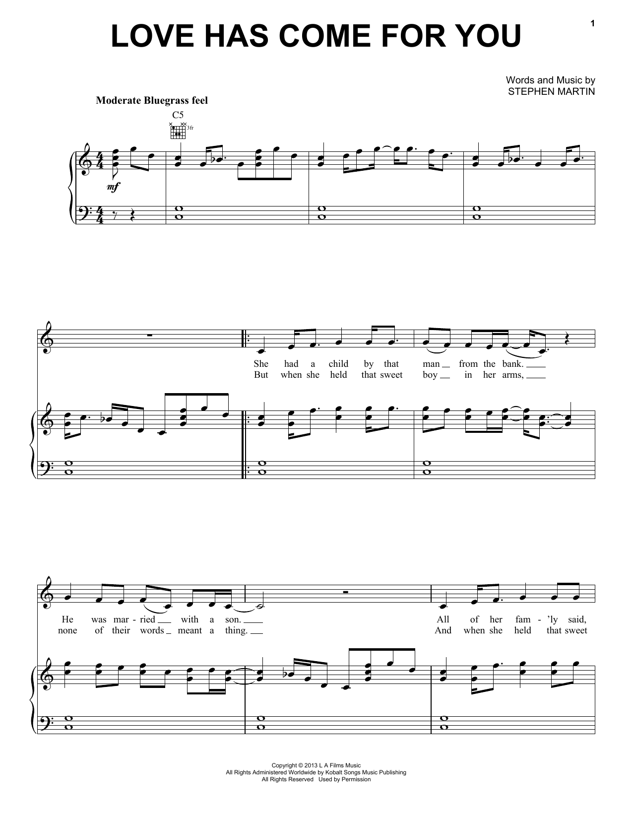 Download Steve Martin & Edie Brickell Love Has Come For You Sheet Music and learn how to play Piano, Vocal & Guitar Chords (Right-Hand Melody) PDF digital score in minutes