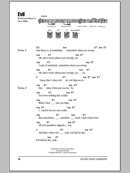 Download Steve Miller Band Evil Sheet Music and learn how to play Lyrics & Chords PDF digital score in minutes