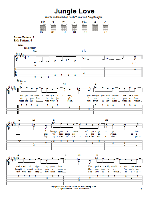 Download The Steve Miller Band Jungle Love Sheet Music and learn how to play Guitar Tab Play-Along PDF digital score in minutes