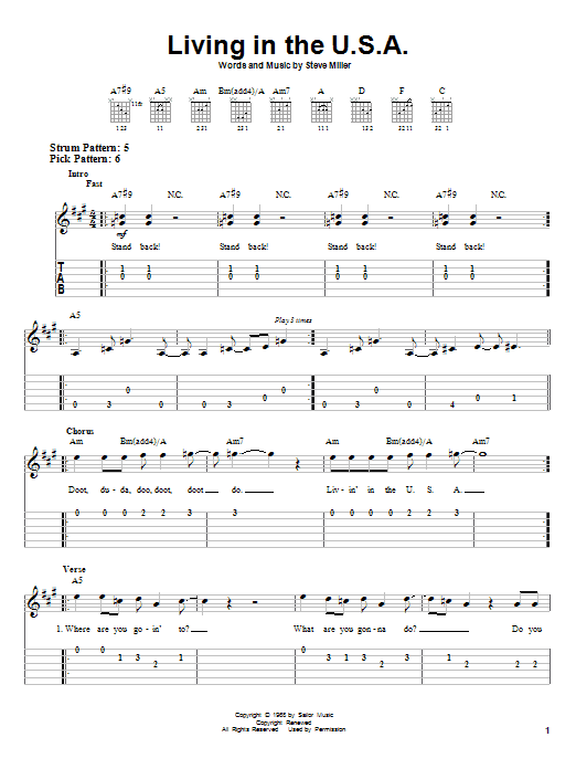 Download The Steve Miller Band Living In The U.S.A. Sheet Music and learn how to play Ukulele PDF digital score in minutes