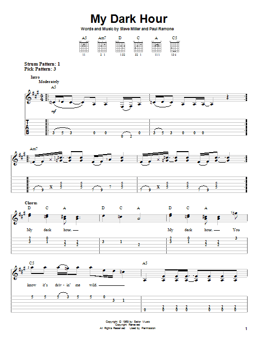 Download The Steve Miller Band My Dark Hour Sheet Music and learn how to play Piano, Vocal & Guitar (Right-Hand Melody) PDF digital score in minutes