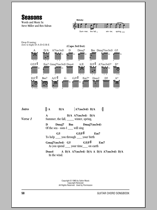 Download Steve Miller Band Seasons Sheet Music and learn how to play Lyrics & Chords PDF digital score in minutes