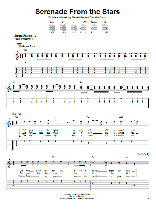 Download Steve Miller Band Serenade From The Stars Sheet Music and learn how to play Lyrics & Chords PDF digital score in minutes