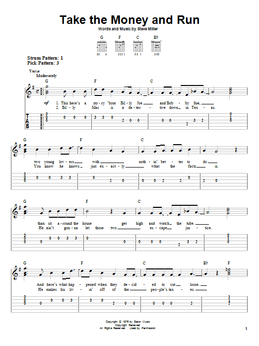 Download The Steve Miller Band Take The Money And Run Sheet Music and learn how to play Guitar Tab Play-Along PDF digital score in minutes