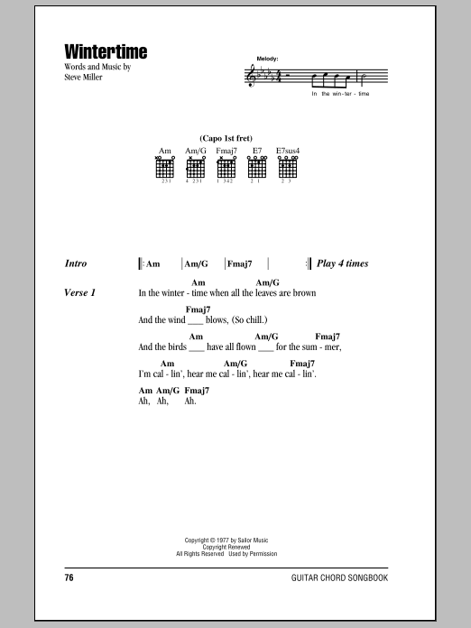 Download Steve Miller Band Wintertime Sheet Music and learn how to play Lyrics & Chords PDF digital score in minutes