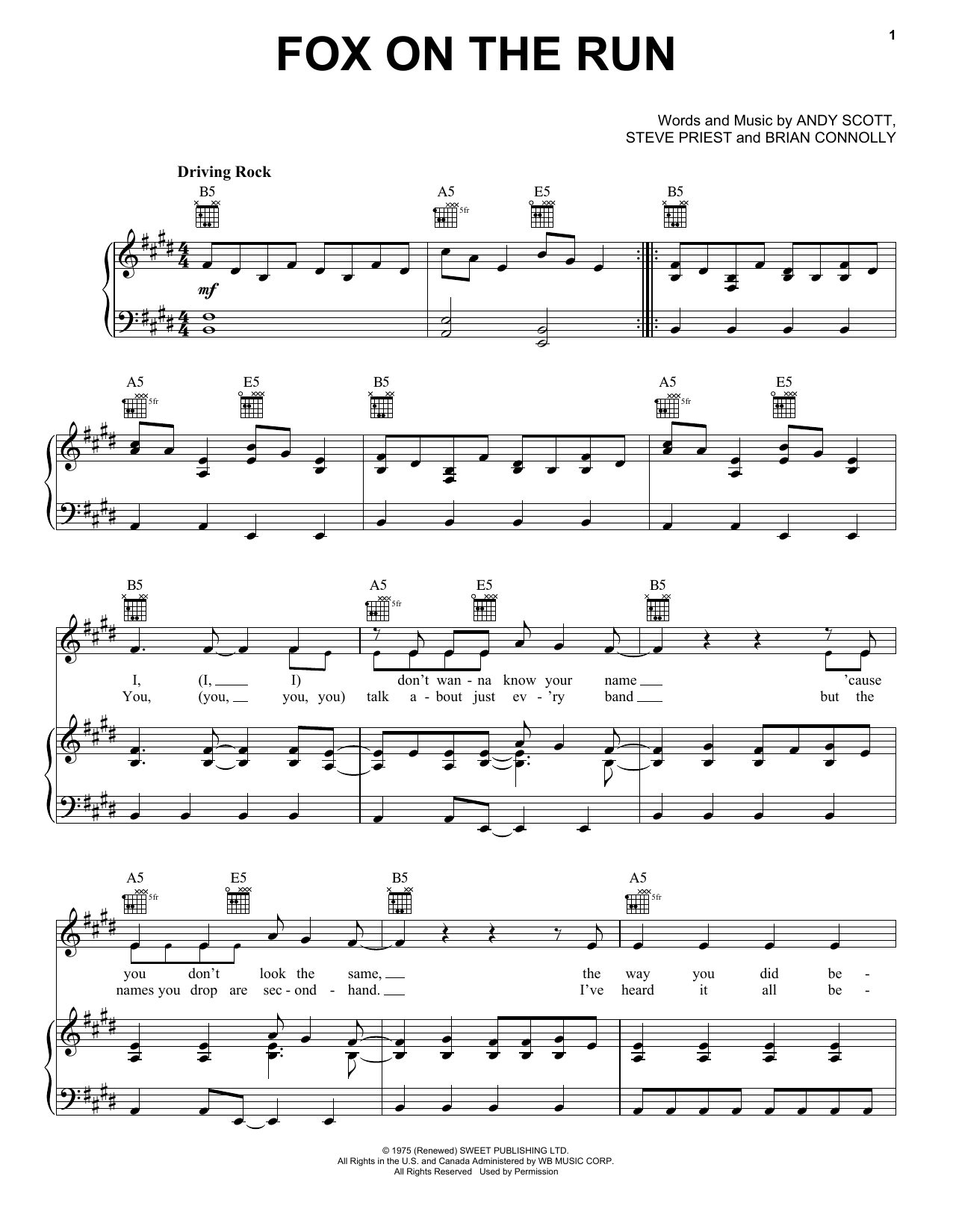 Download Steve Priest Fox On The Run Sheet Music and learn how to play Piano, Vocal & Guitar (Right-Hand Melody) PDF digital score in minutes