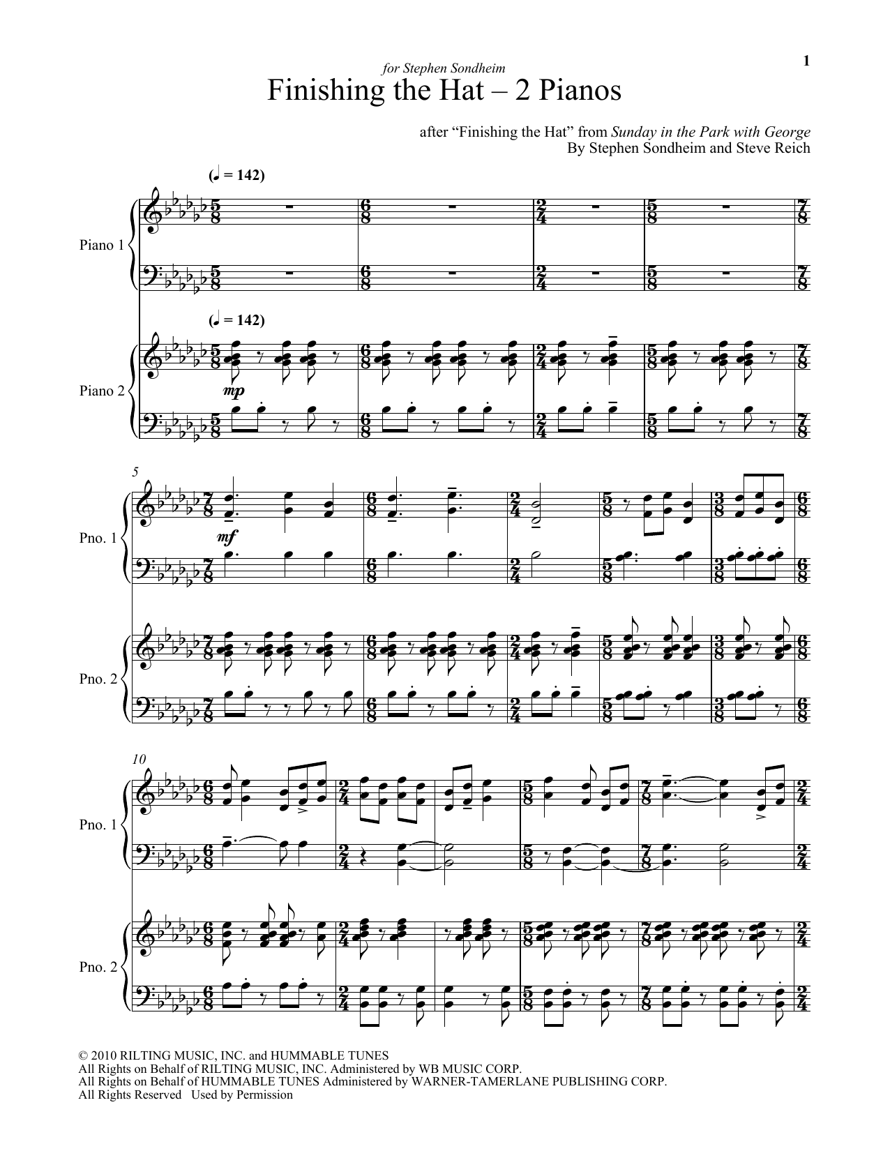 Download Steve Reich Finishing The Hat - Two Pianos Sheet Music and learn how to play Piano Duet PDF digital score in minutes