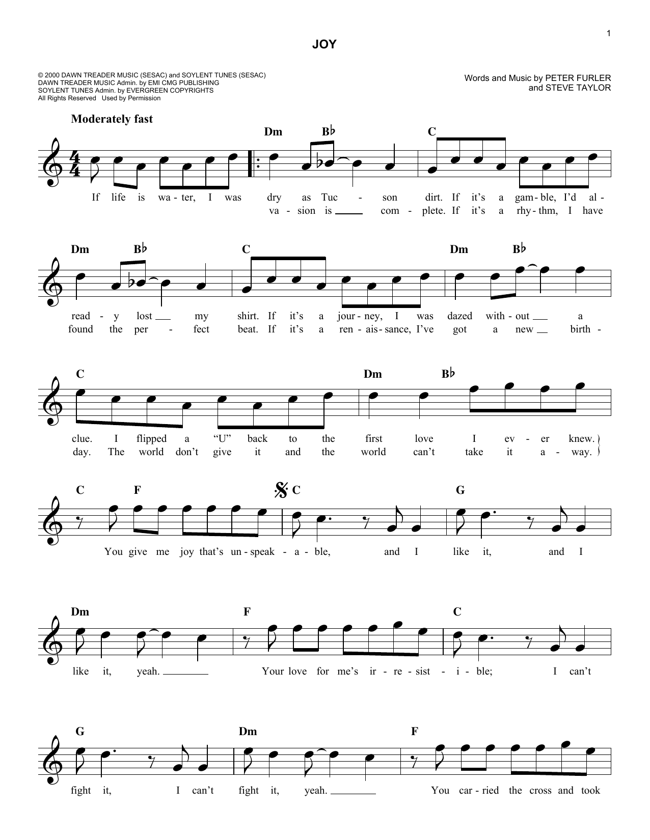 Download Steve Taylor Joy Sheet Music and learn how to play Melody Line, Lyrics & Chords PDF digital score in minutes