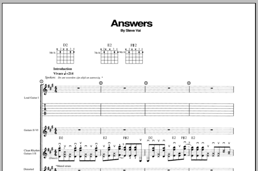 Download Steve Vai Answers Sheet Music and learn how to play Guitar Tab PDF digital score in minutes