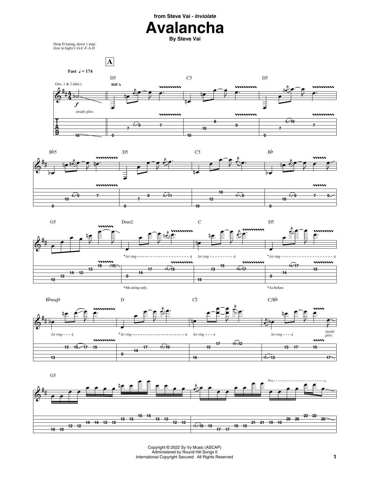 Download Steve Vai Avalancha Sheet Music and learn how to play Guitar Tab PDF digital score in minutes