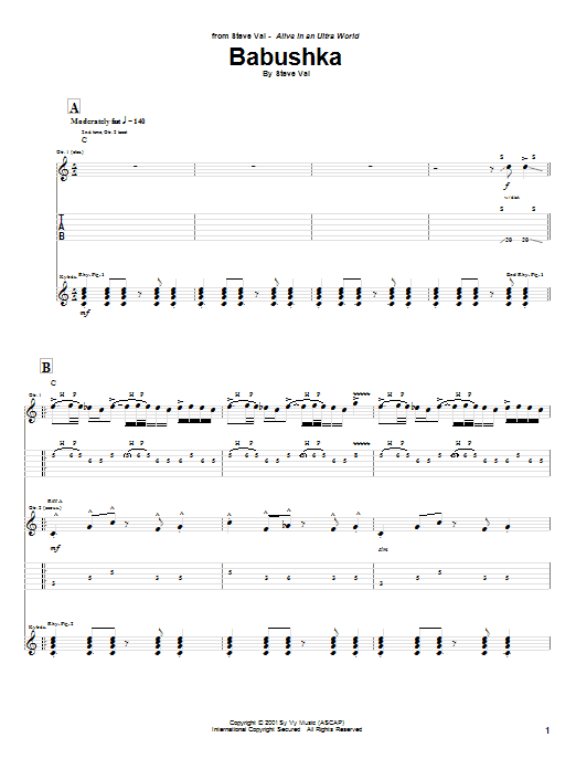 Download Steve Vai Babushka Sheet Music and learn how to play Guitar Tab PDF digital score in minutes