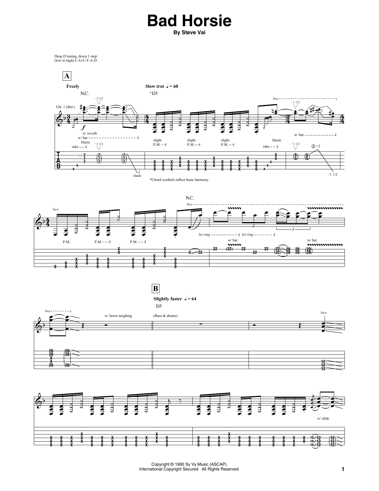 Download Steve Vai Bad Horsie Sheet Music and learn how to play Guitar Tab PDF digital score in minutes