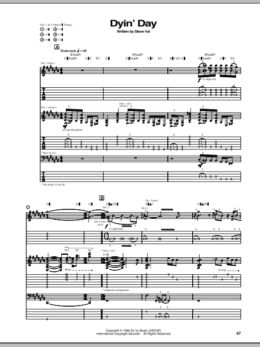 Download Steve Vai Dyin' Day Sheet Music and learn how to play Guitar Tab PDF digital score in minutes