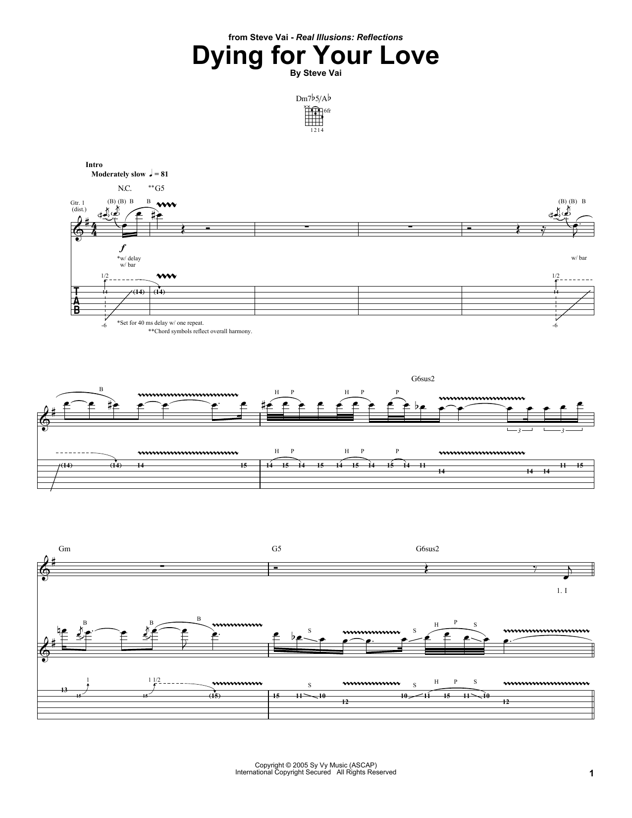 Download Steve Vai Dying For Your Love Sheet Music and learn how to play Guitar Tab PDF digital score in minutes