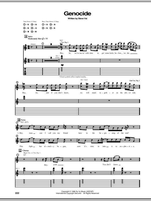 Download Steve Vai Genocide Sheet Music and learn how to play Guitar Tab PDF digital score in minutes
