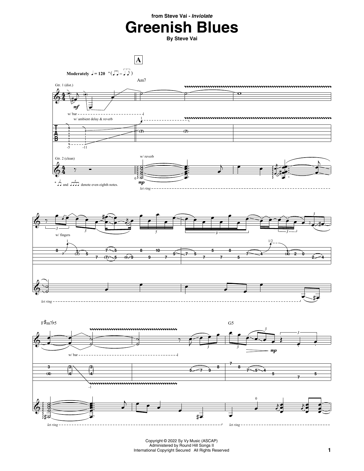 Download Steve Vai Greenish Blues Sheet Music and learn how to play Guitar Tab PDF digital score in minutes