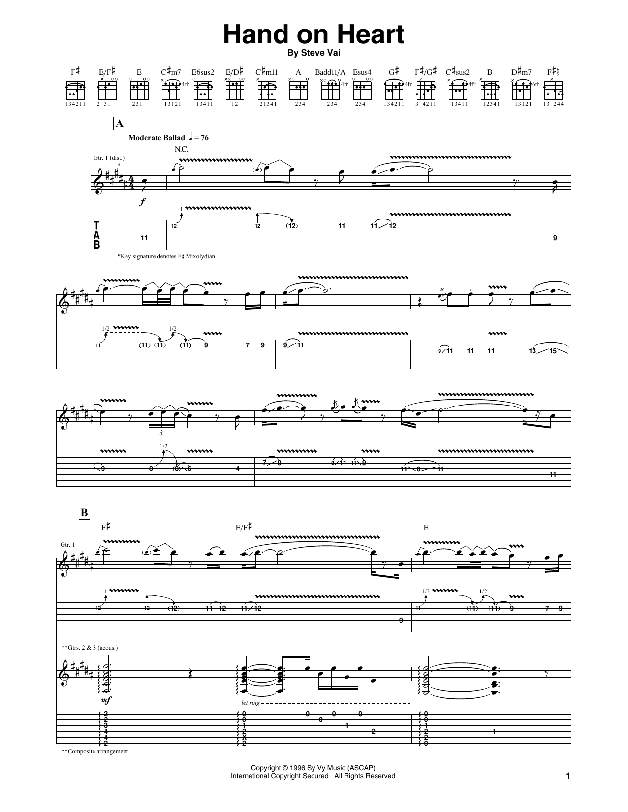 Download Steve Vai Hand On Heart Sheet Music and learn how to play Guitar Tab PDF digital score in minutes