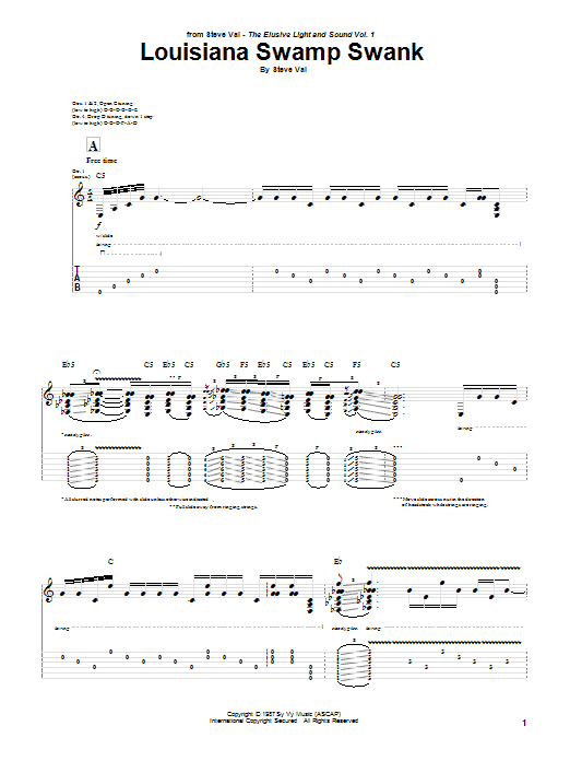 Download Steve Vai Louisiana Swamp Swank Sheet Music and learn how to play Guitar Tab PDF digital score in minutes