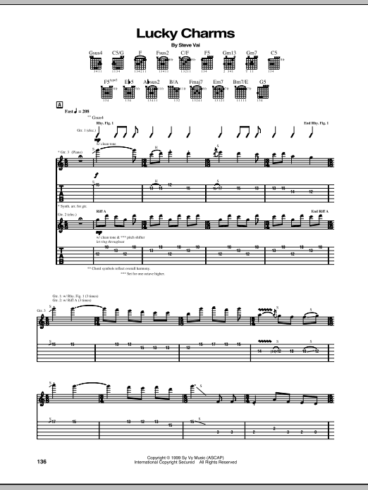 Download Steve Vai Lucky Charms Sheet Music and learn how to play Guitar Tab PDF digital score in minutes