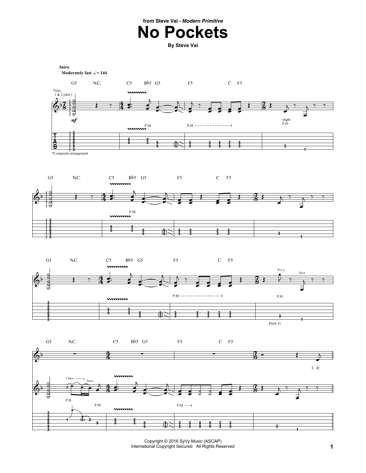 Download Steve Vai No Pockets Sheet Music and learn how to play Guitar Tab PDF digital score in minutes