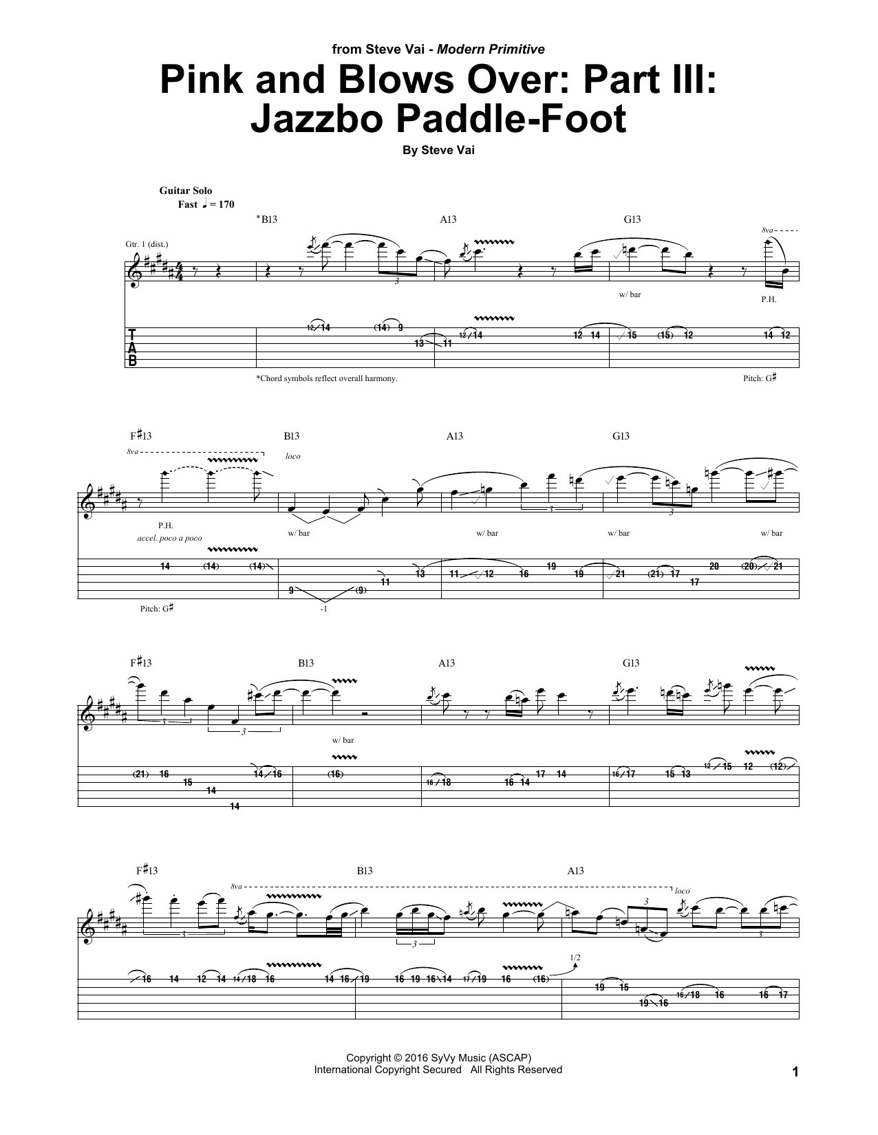 Download Steve Vai Pink And Blows Over: Part III: Jazzbo Paddle-Foot Sheet Music and learn how to play Guitar Tab PDF digital score in minutes